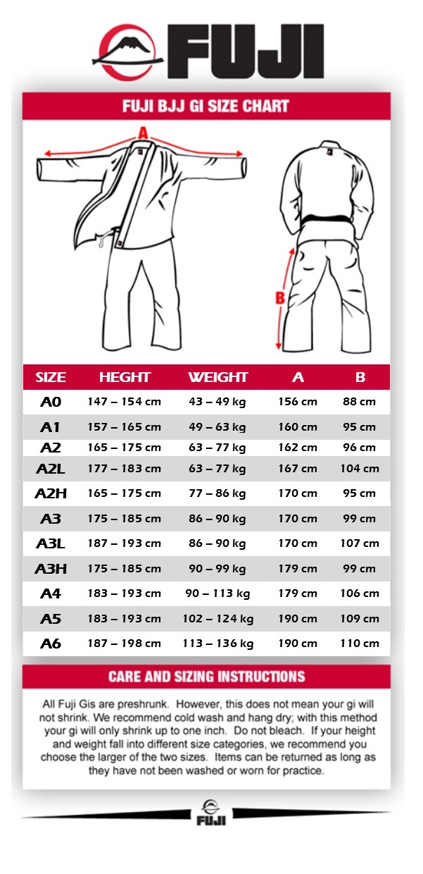 Fuji Jiu Jitsu Gi Size Chart